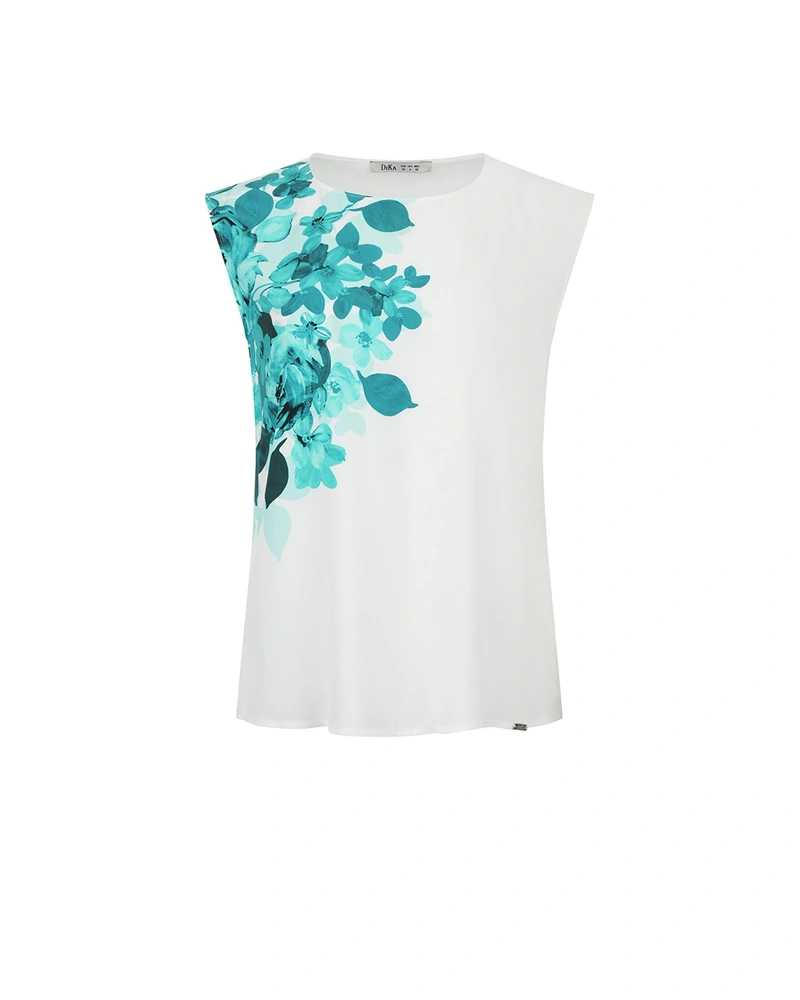 Bluză albă fără mâneci cu imprimeu floral turcoaz | Bluze