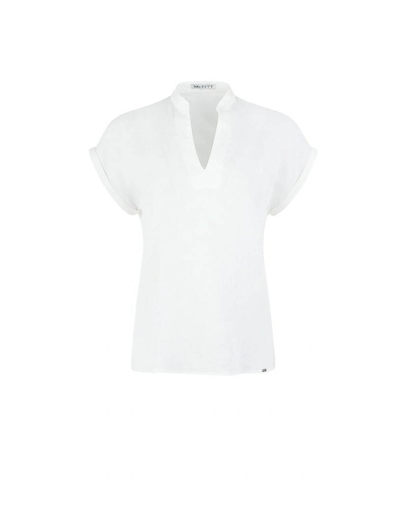 White V-neck blouse with open collar in cotton and rayon blend | Blouses