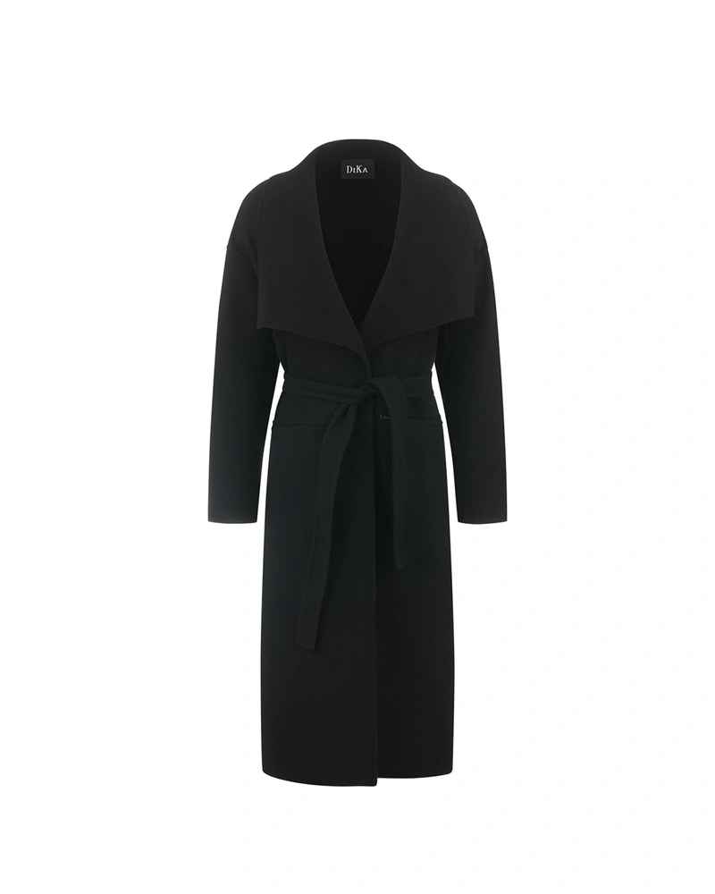 Women’s black coat in pure wool with a belt | Jackets