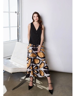 Women’s satin skirt with a bold, stylized print | Skirts and Shorts - 1