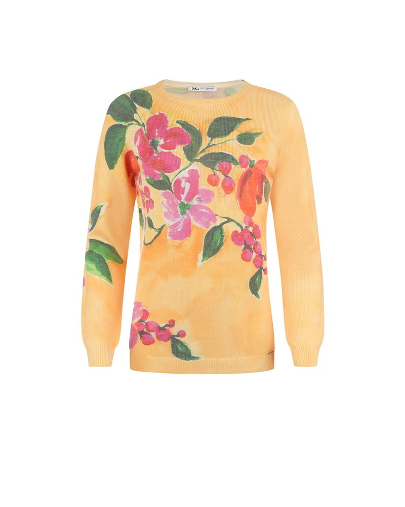 Women’s sweater with floral pattern and mustard background | Knitwear