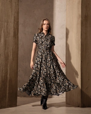 Rochie de damă cu imprimeu artistic și curea în talie | Rochii - 1
