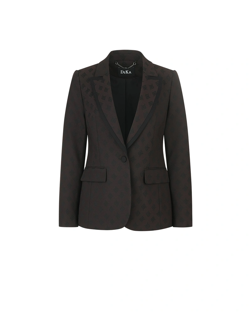 Women's single-breasted brown blazer with black trims and stylized logo | Jackets and Coats