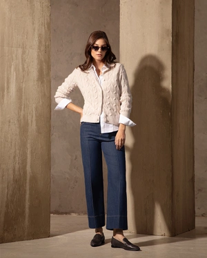 Women's wide-leg jeans in blue denim with pressed creases and turn-up cuffs | Denim - 1