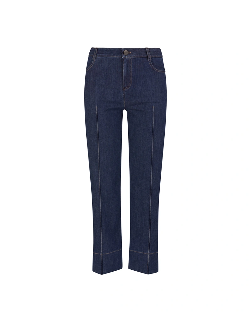 Women's wide-leg jeans in blue denim with pressed creases and turn-up cuffs | Denim